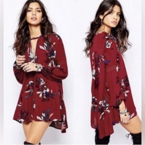 Free People boho Swing Tunic Burgundy Mini Dress w/ Floral Print Sz S